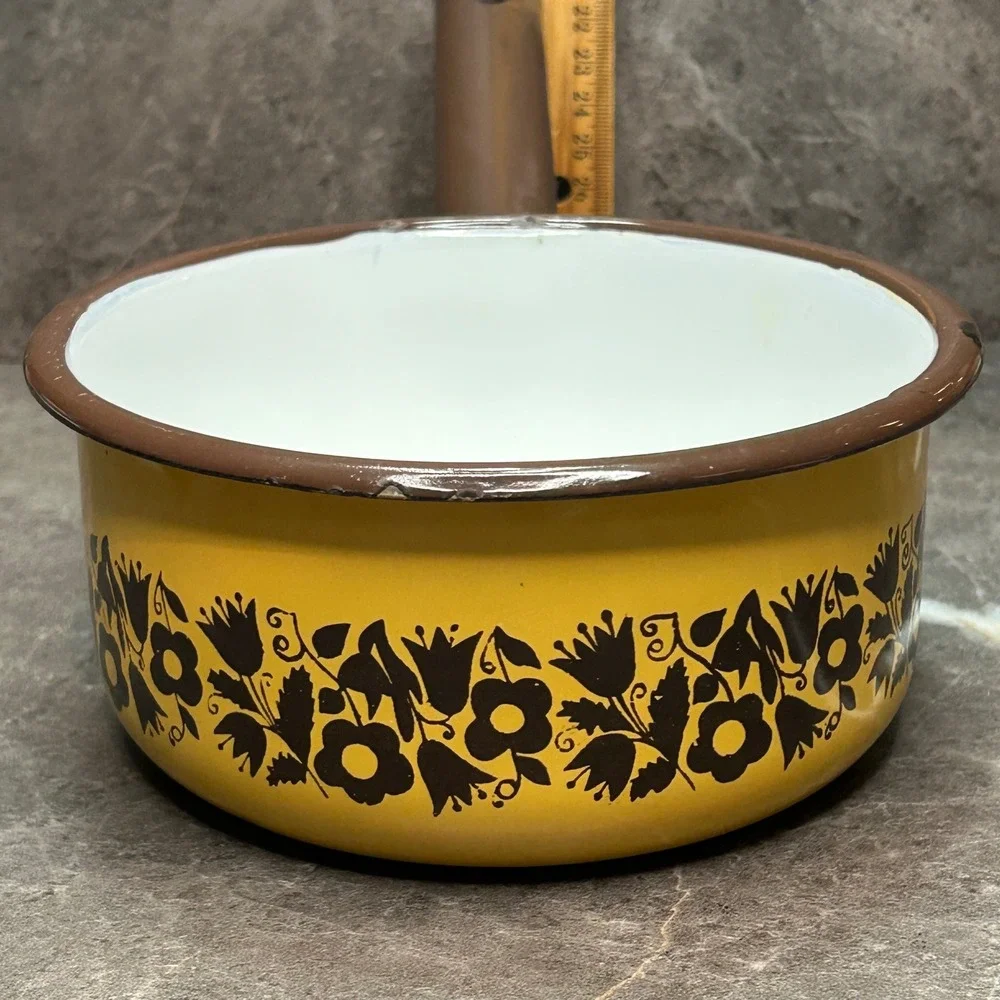 Vintage Yellow Enamelware Saucepan Brown Floral Pattern Retro Kitchen Pot 6 Inch